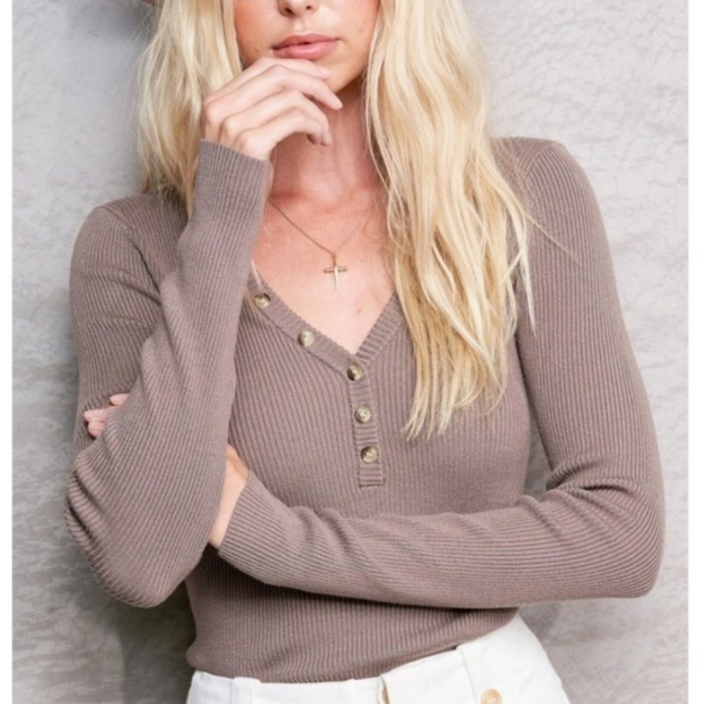 Mocha Long Sleeve Ribbed Knit V-Neck Henley Top - Picture 1 of 10